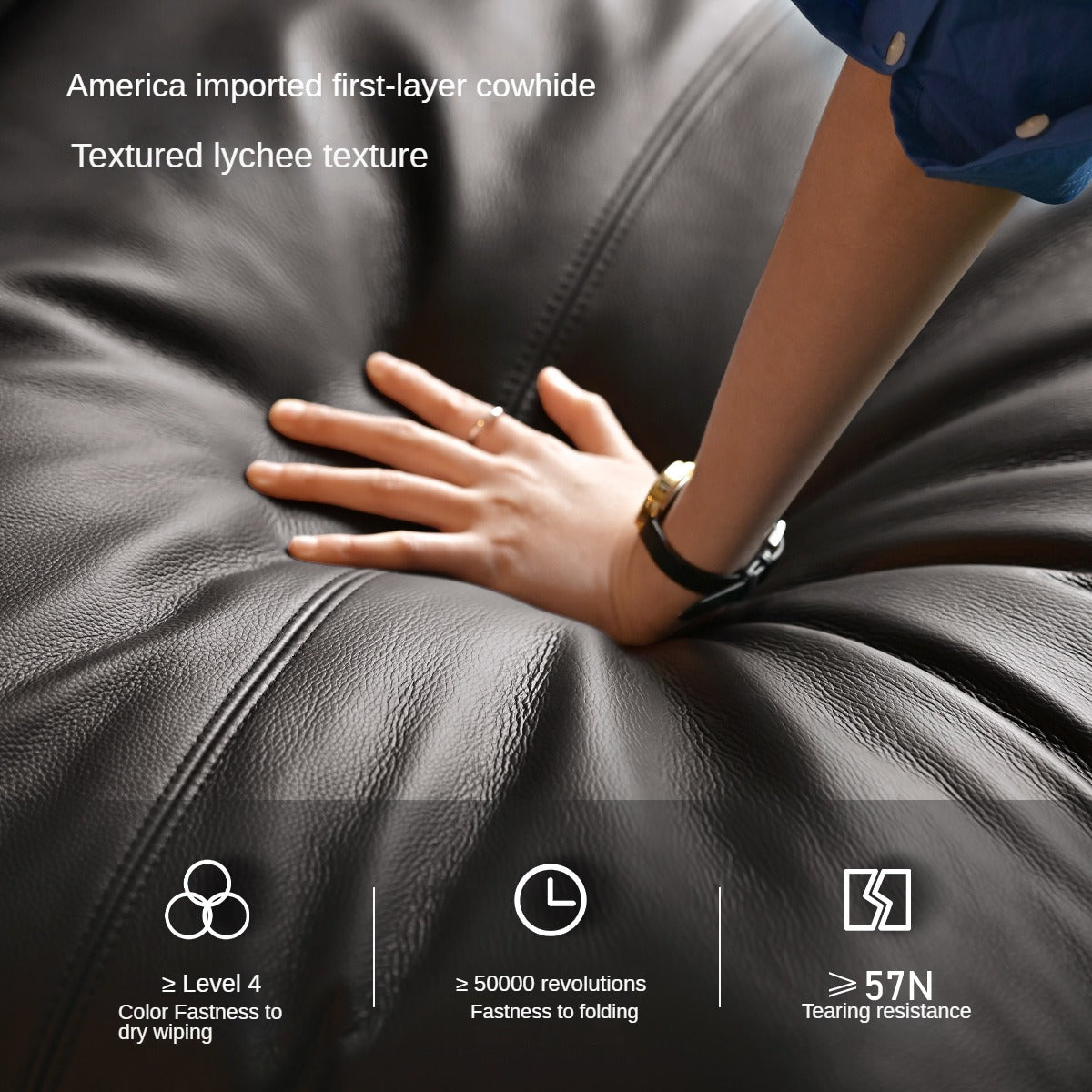 Leather Black High Back Down Straight Sofa.