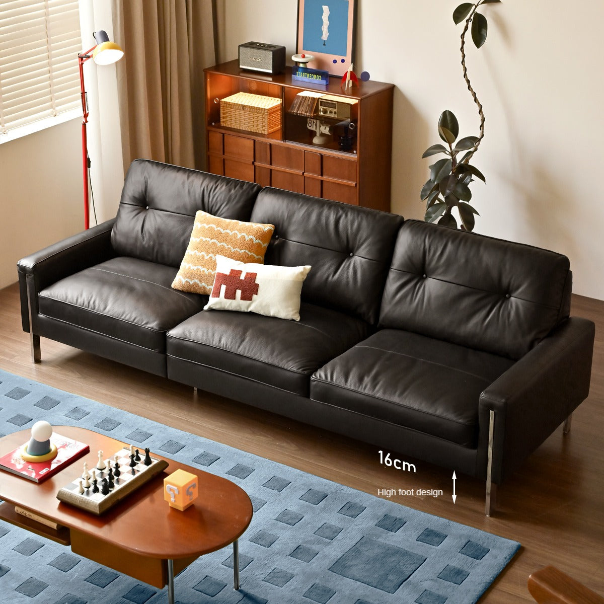 Leather Black High Back Down Straight Sofa.