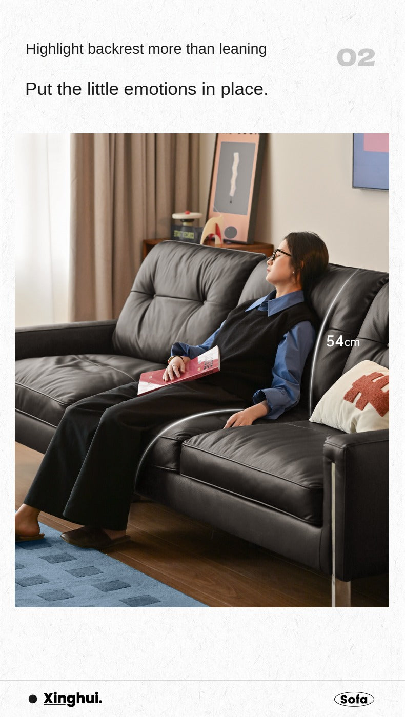 Leather Black High Back Down Straight Sofa.
