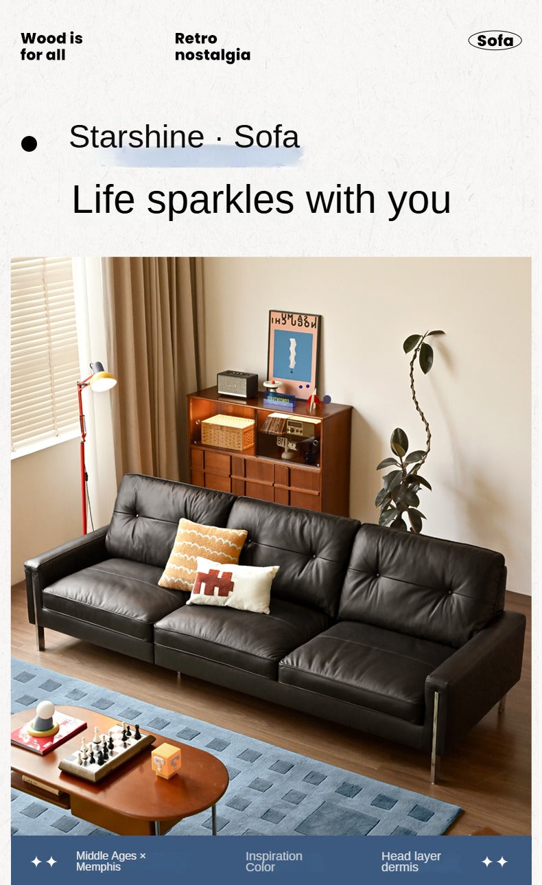 Leather Black High Back Down Straight Sofa.