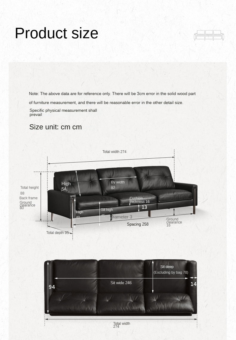 Leather Black High Back Down Straight Sofa.