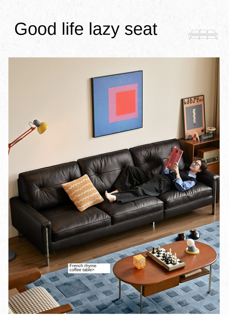 Leather Black High Back Down Straight Sofa.