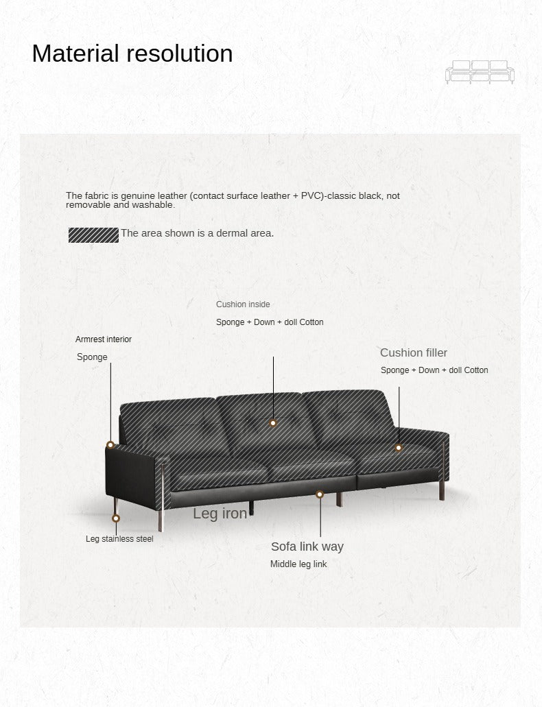 Leather Black High Back Down Straight Sofa.