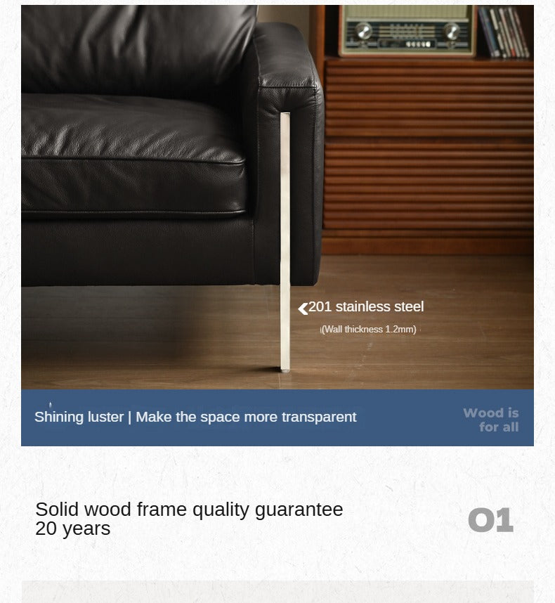 Leather Black High Back Down Straight Sofa.