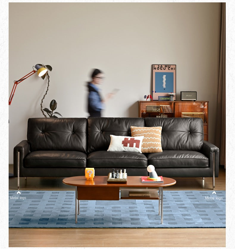 Leather Black High Back Down Straight Sofa.