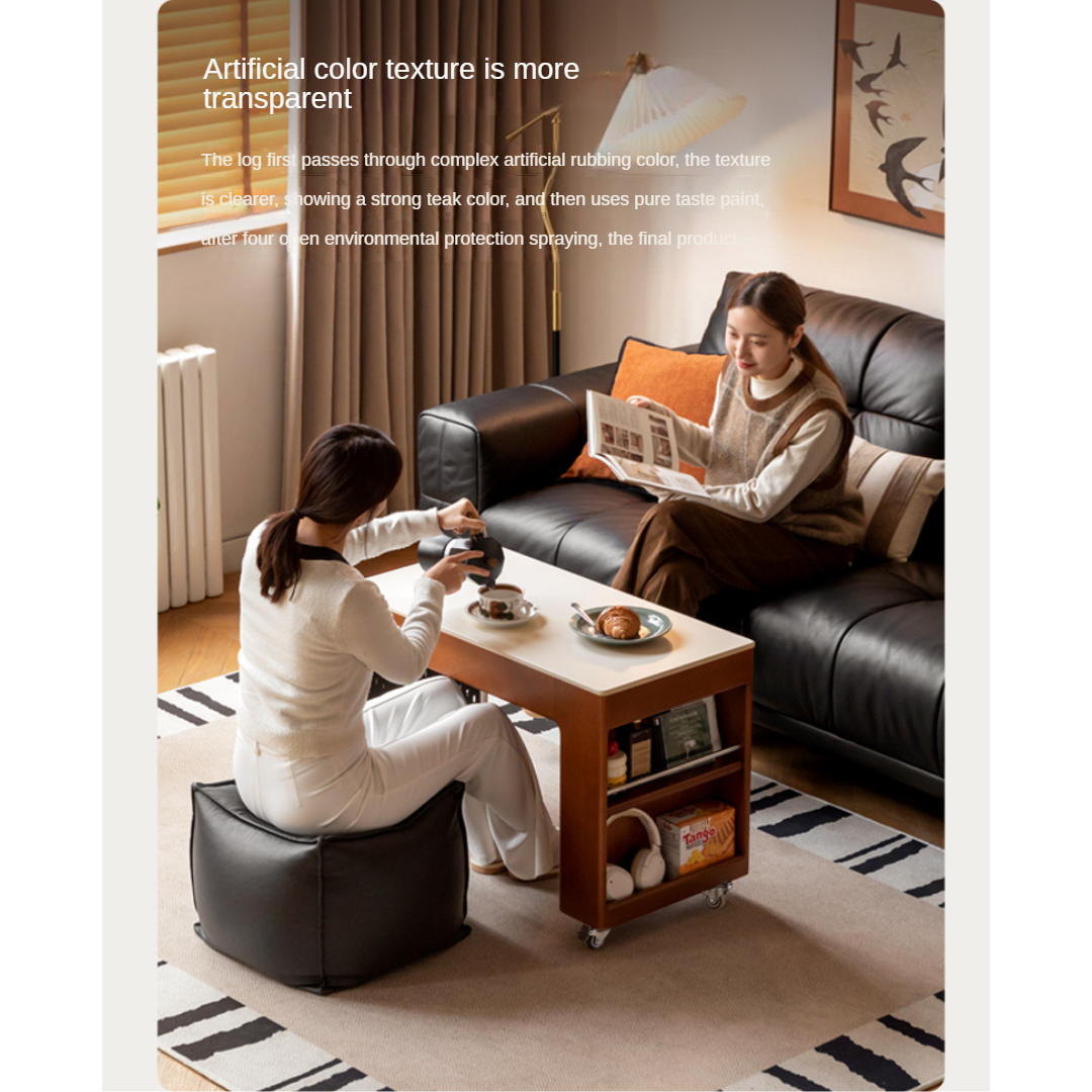 Poplar Solid Wood Coffee Table, Mobile Side Table for Making Tea Around The Stove.