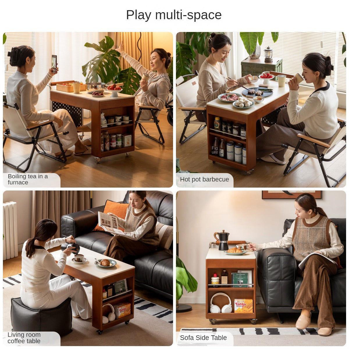 Poplar Solid Wood Coffee Table, Mobile Side Table for Making Tea Around The Stove.