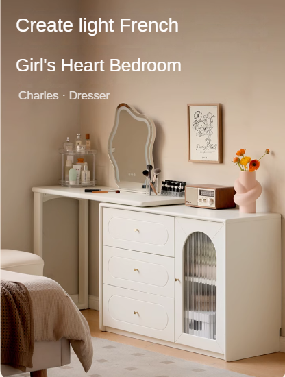 Poplar, Solid Rubberwood French Cream Style Retractable Dressing Table.