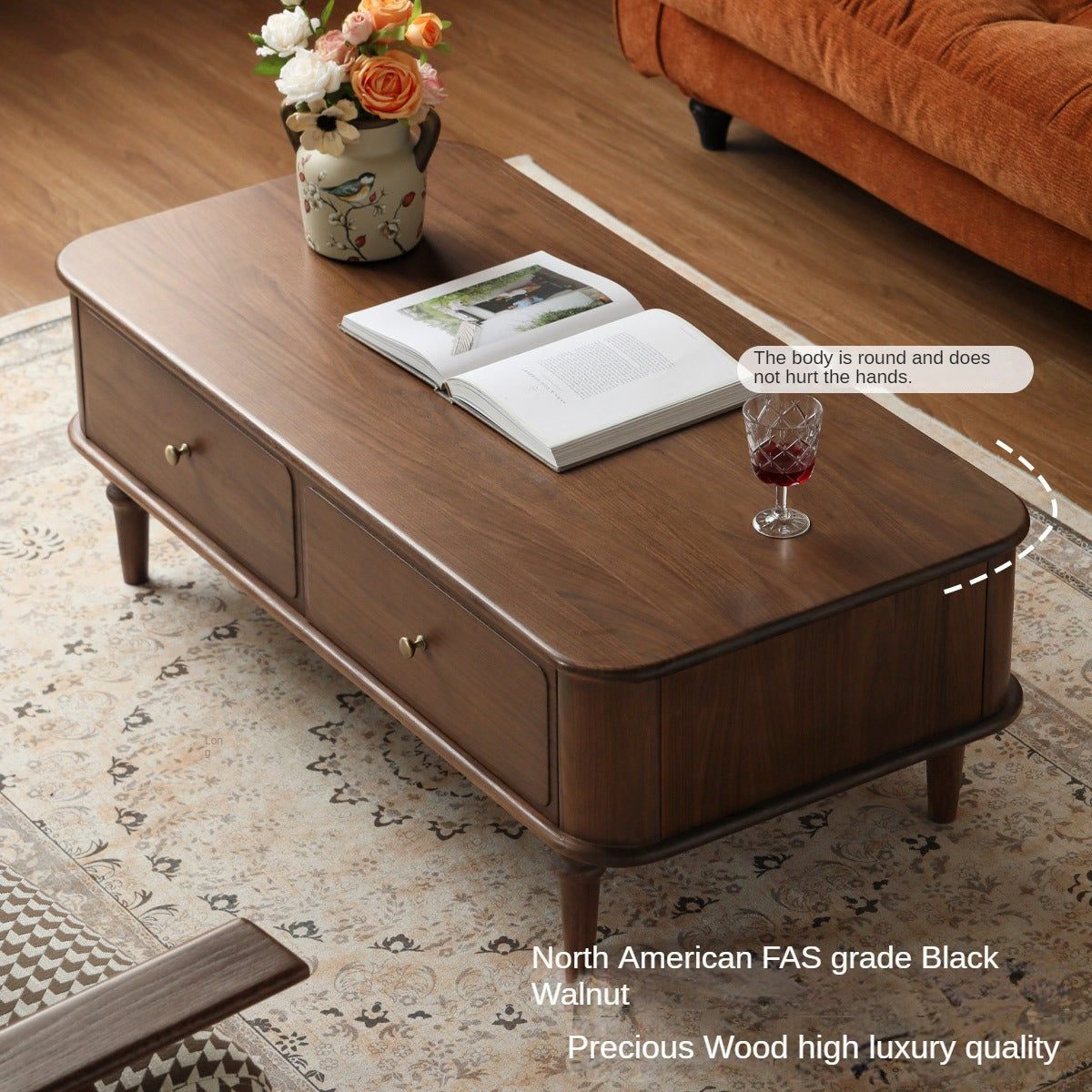 Black Walnut Solid Wood American Retro Coffee Table.