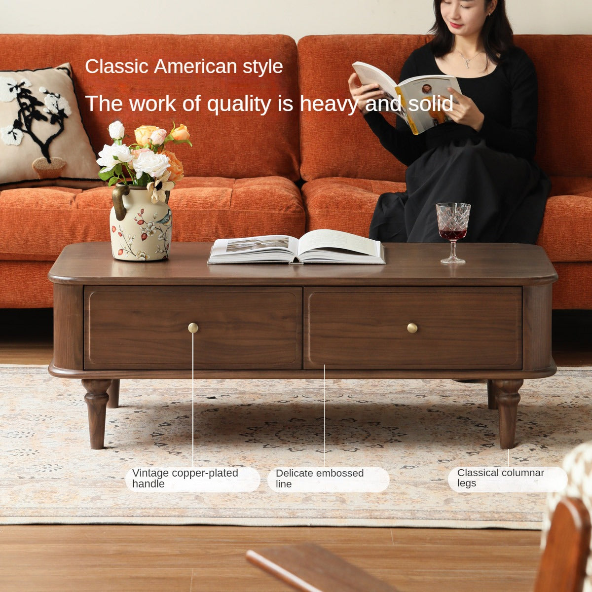 Black Walnut Solid Wood American Retro Coffee Table.