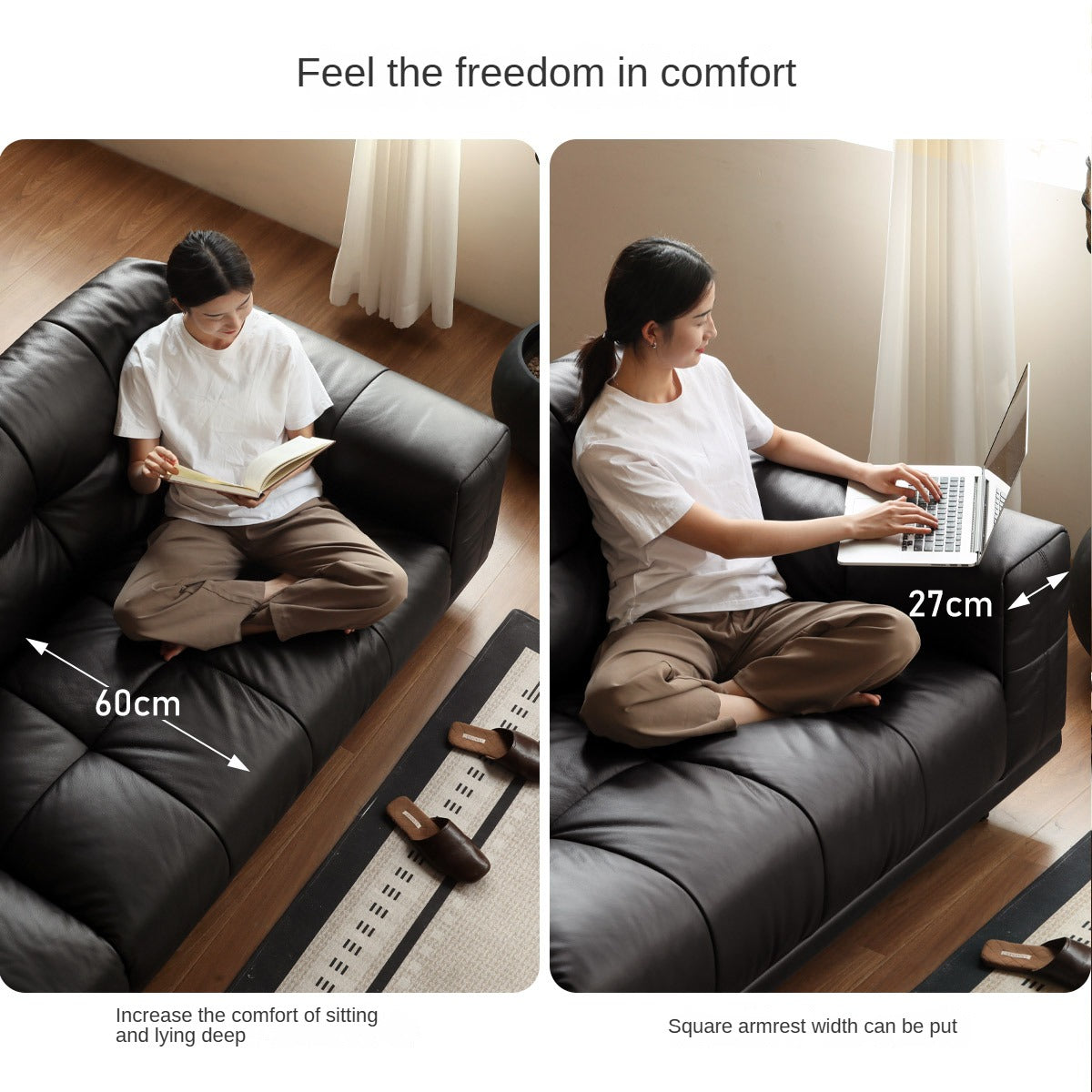 Leather Italian light luxury Piano Key Straight Sofa.