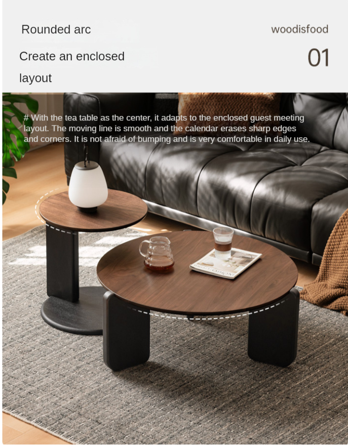 Black Walnut, Teak Solid Wood Round Coffee Table Italian Light Luxury.