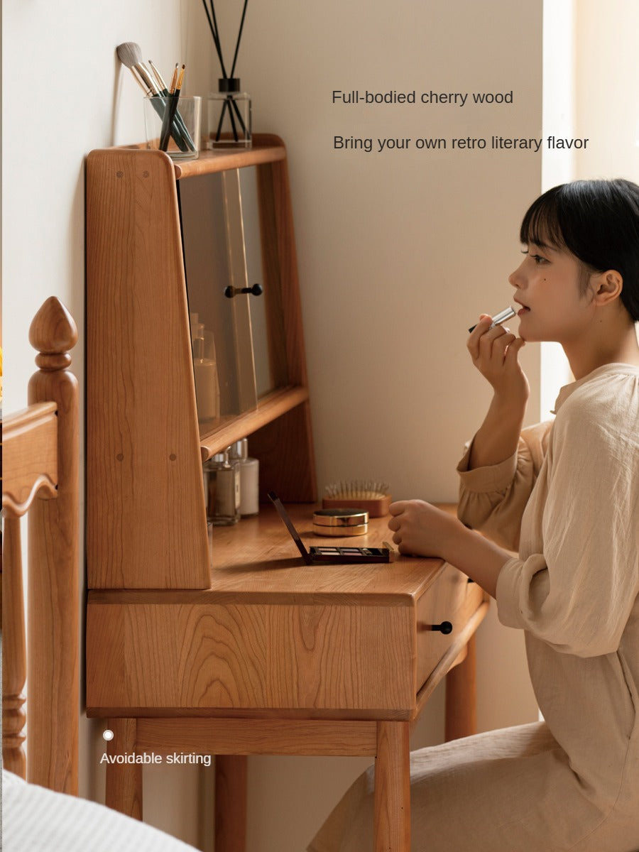 Cherry, Birch Solid Wood Multi-Functional Storage Vanity Table.