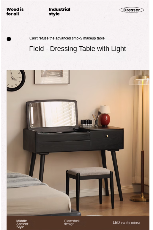 Oak Solid Wood Black Makeup Table Mirror LED Touch.