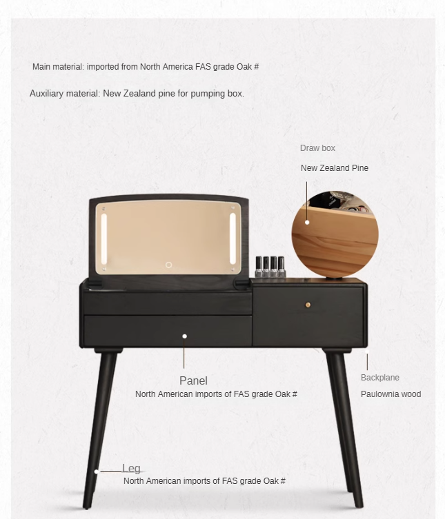 Oak Solid Wood Black Makeup Table Mirror LED Touch.