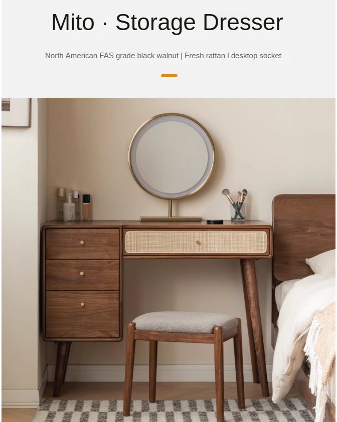 Black Walnut Solid Wood Rattan Dressing Table.