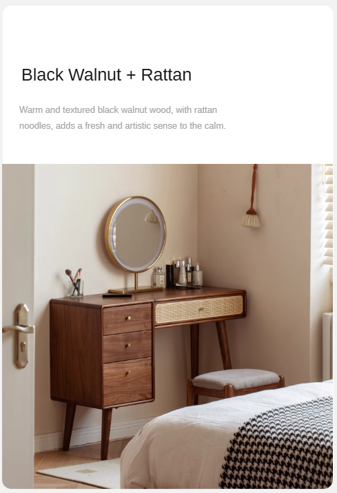 Black Walnut Solid Wood Rattan Dressing Table.