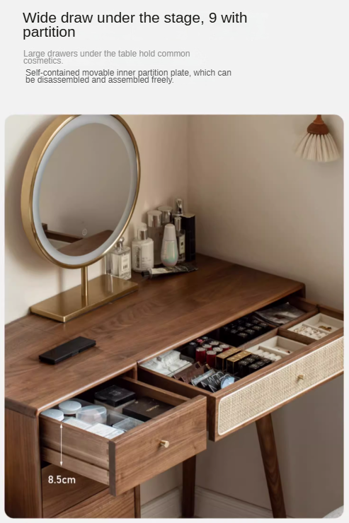 Black Walnut Solid Wood Rattan Dressing Table.