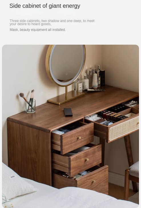 Black Walnut Solid Wood Rattan Dressing Table.