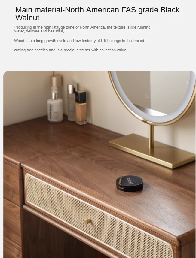 Black Walnut Solid Wood Rattan Dressing Table.