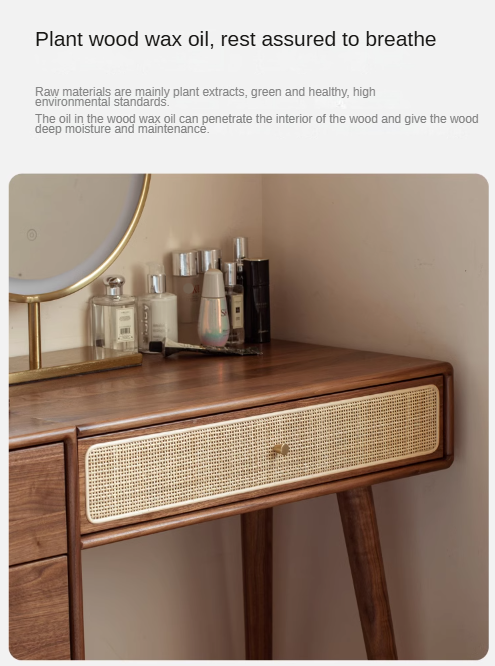 Black Walnut Solid Wood Rattan Dressing Table.