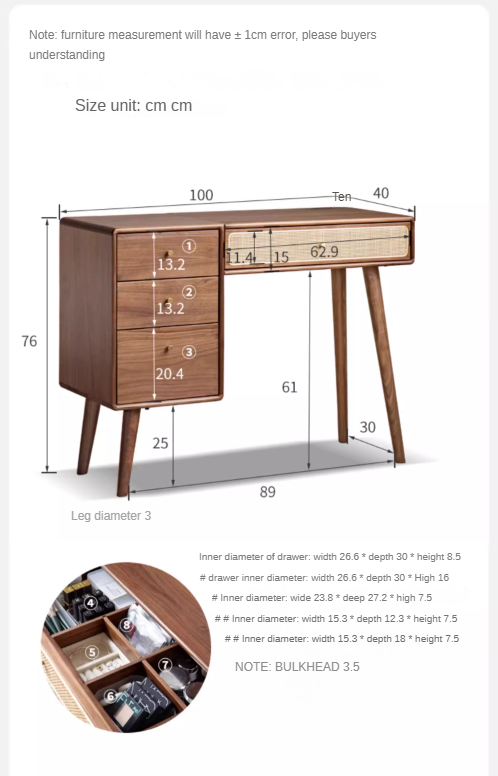 Black Walnut Solid Wood Rattan Dressing Table.