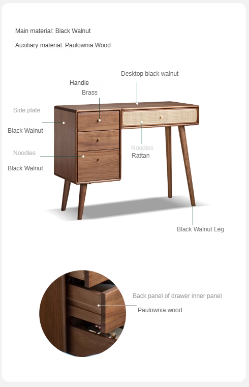 Black Walnut Solid Wood Rattan Dressing Table.