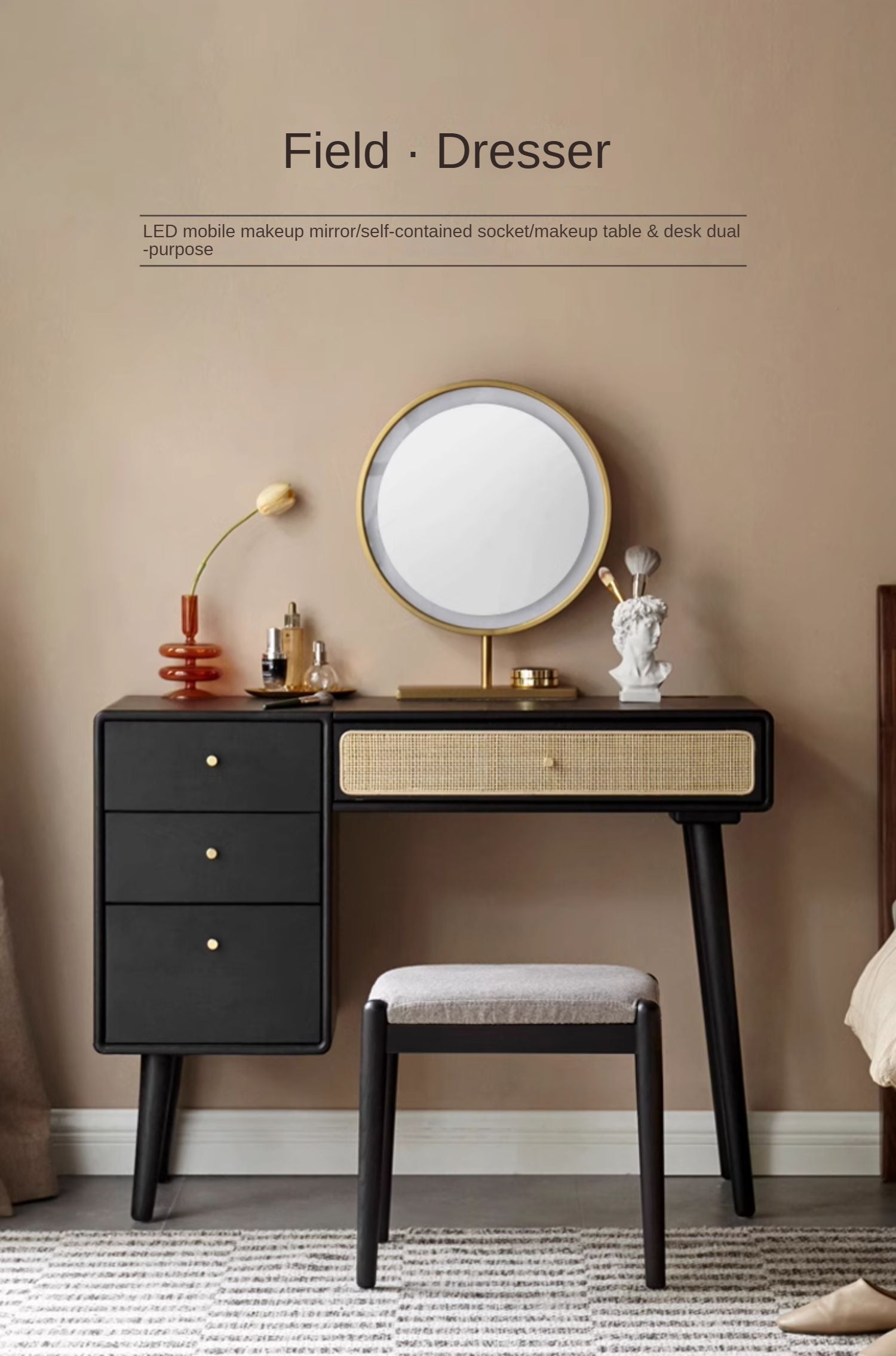 Oak Solid Wood Black Vintage Makeup Dressing Table.