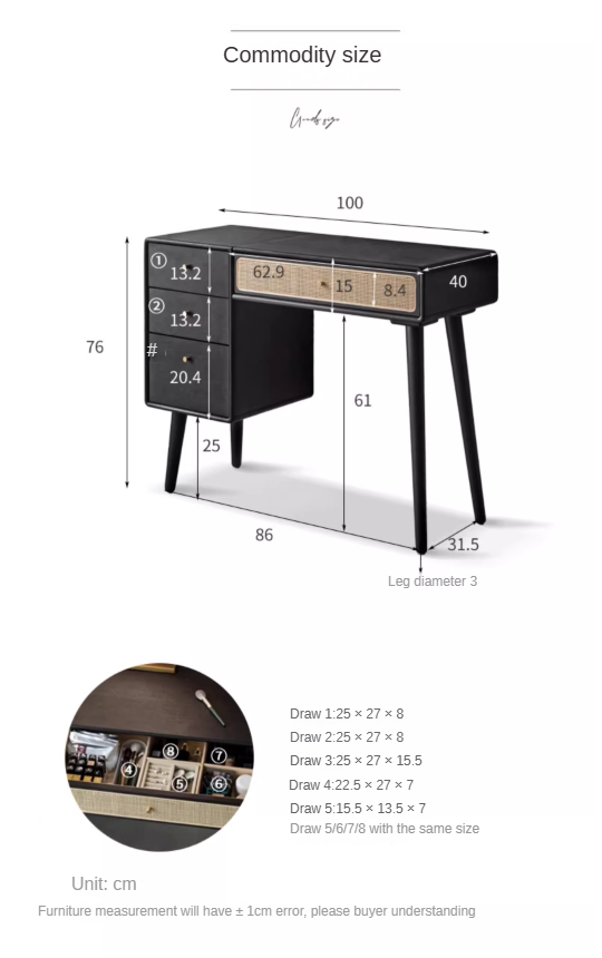 Oak Solid Wood Black Vintage Makeup Vanity Table.
