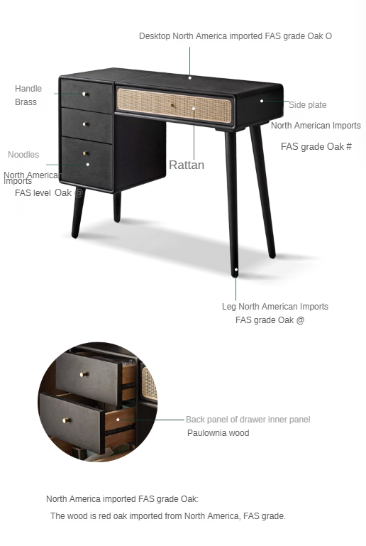 Oak Solid Wood Black Vintage Makeup Dressing Table.