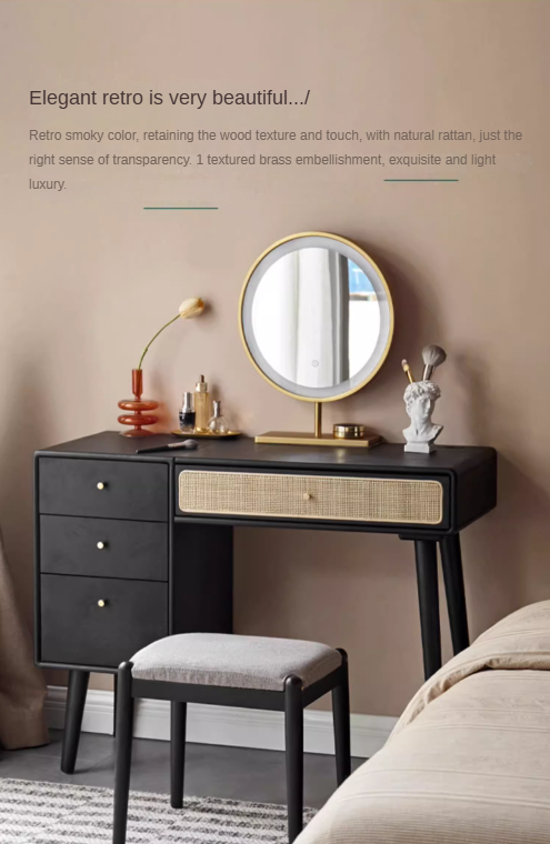 Oak Solid Wood Black Vintage Makeup Vanity Table.