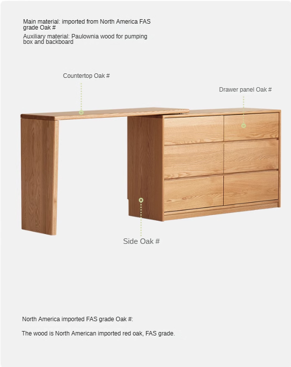 Oak, Solid Rubberwood Dressing Table L-Shaped Corner