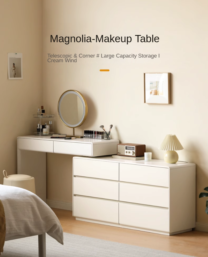 Poplar Solid Wood, Solid Rubberwood L-Shape Dressing Table
