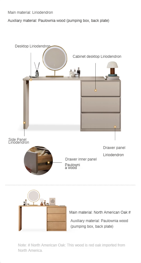 Poplar, Oak Solid Wood Telescopic Dressing Table Three Drawers.