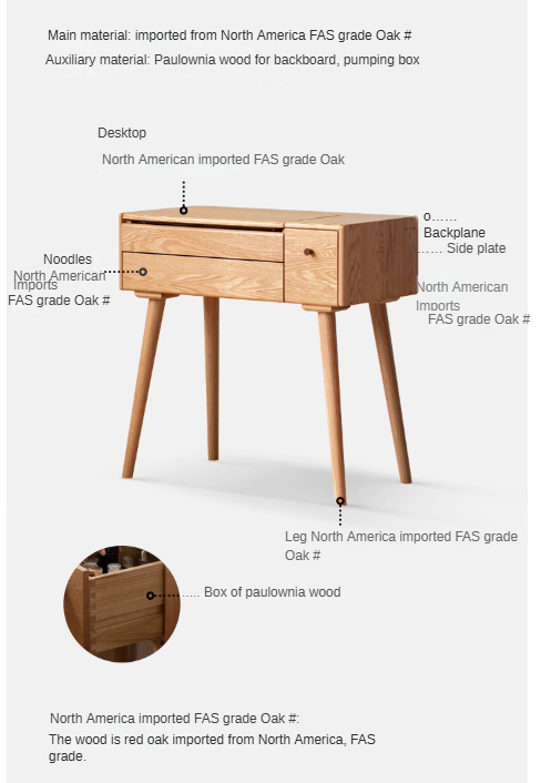 Oak Solid Wood, Solid RubberWood Dressing Table Mirror LED Touch Light.
