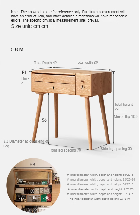 Oak Solid Wood, Solid RubberWood Dressing Table Mirror LED Touch Light.