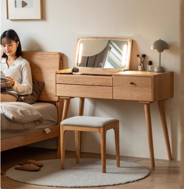 Oak Solid Wood, Solid RubberWood Vanity Table Mirror LED Touch Light.