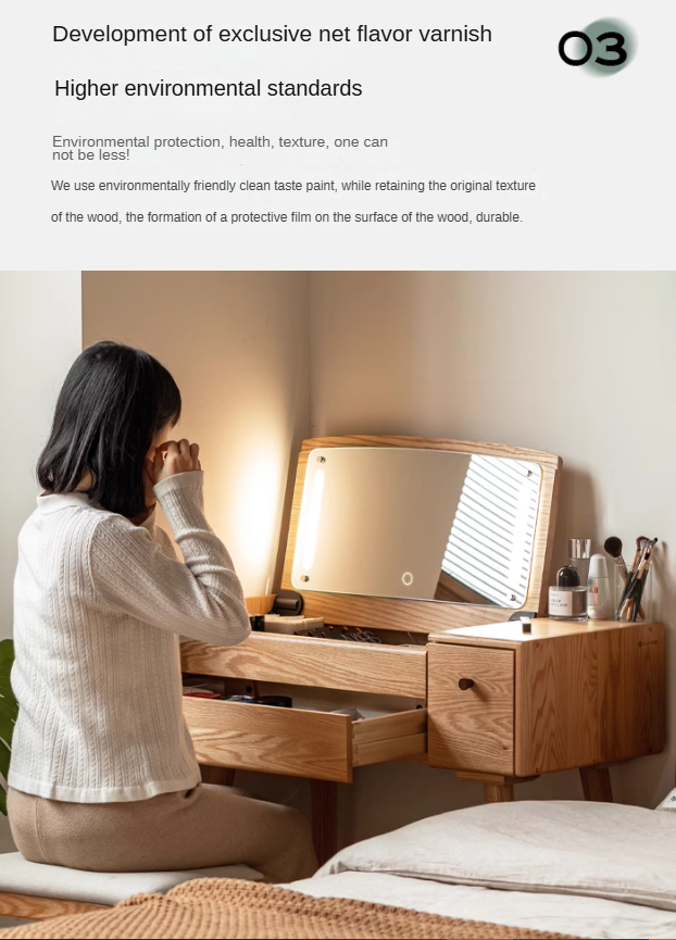 Oak Solid Wood, Solid RubberWood Vanity Table Mirror LED Touch Light.