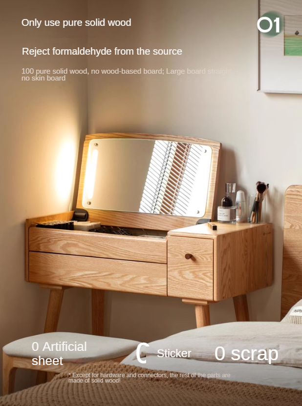 Oak Solid Wood, Solid RubberWood Vanity Table Mirror LED Touch Light.