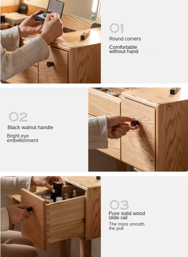 Oak Solid Wood, Solid RubberWood Vanity Table Mirror LED Touch Light.