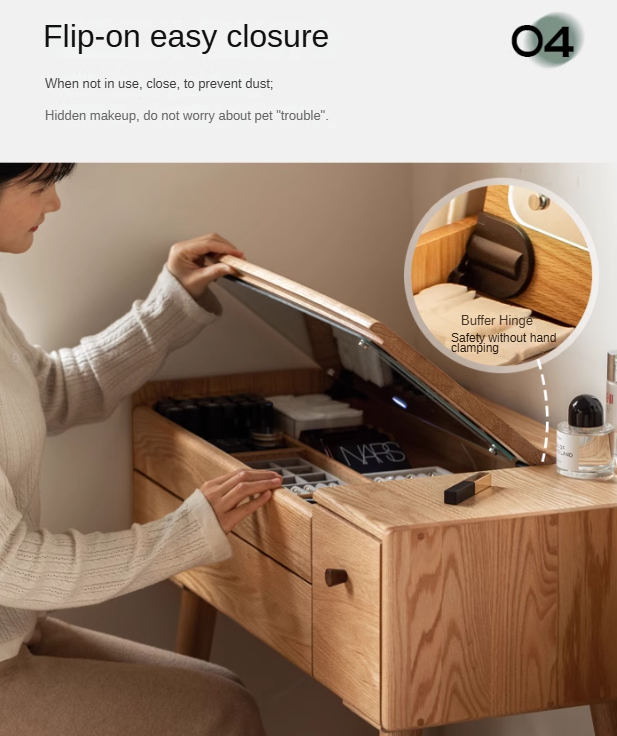 Oak Solid Wood, Solid RubberWood Vanity Table Mirror LED Touch Light.