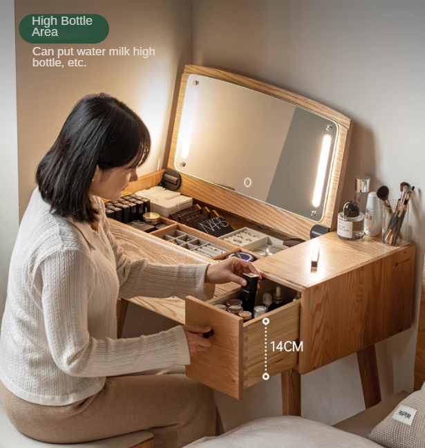 Oak Solid Wood, Solid RubberWood Vanity Table Mirror LED Touch Light.