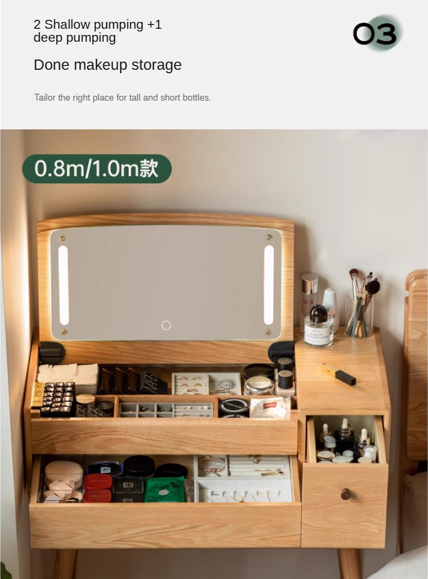 Oak Solid Wood, Solid RubberWood Vanity Table Mirror LED Touch Light.