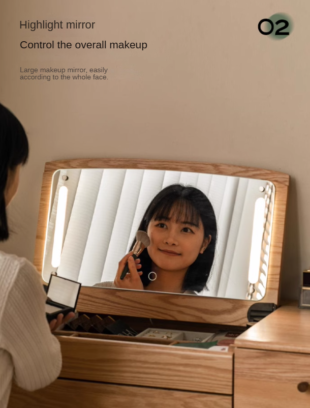 Oak Solid Wood, Solid RubberWood Vanity Table Mirror LED Touch Light.