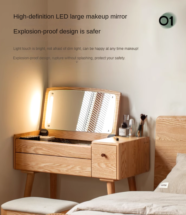 Oak Solid Wood, Solid RubberWood Dressing Table Mirror LED Touch Light.