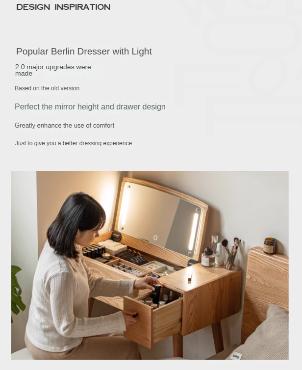 Oak Solid Wood, Solid RubberWood Dressing Table Mirror LED Touch Light.