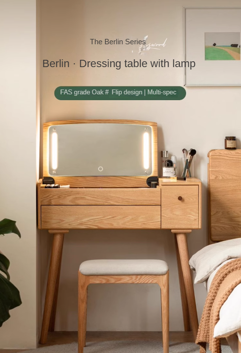Oak Solid Wood, Solid RubberWood Vanity Table Mirror LED Touch Light.