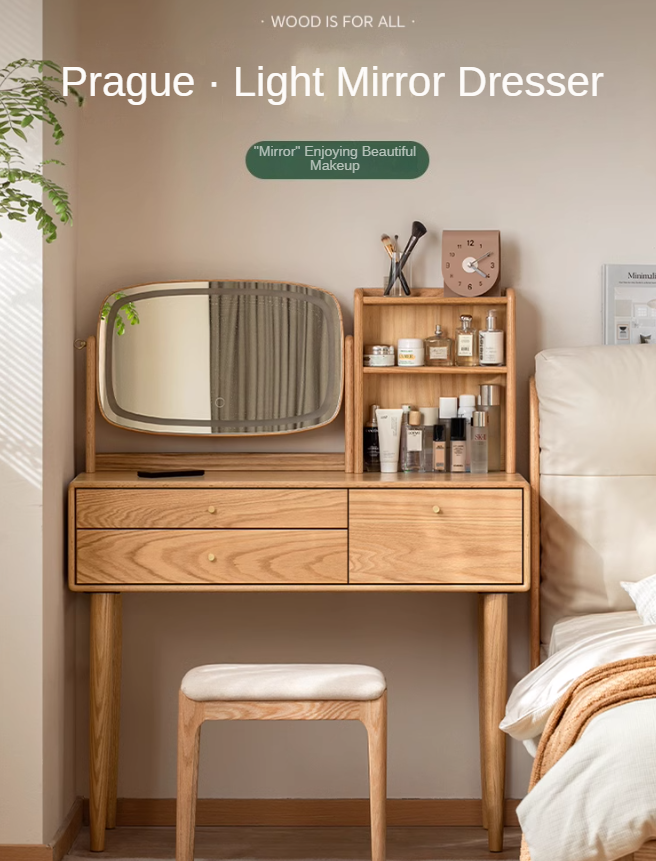 Oak, Ash Solid Wood Vanity Table Lighted Makeup Mirror.