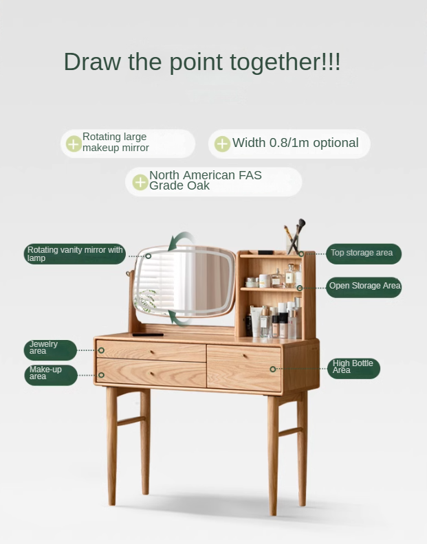 Oak, Ash Solid Wood Vanity Table Lighted Makeup Mirror.