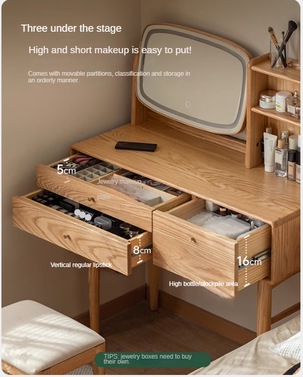 Oak, Ash Solid Wood Dressing Table Lighted Makeup Mirror.